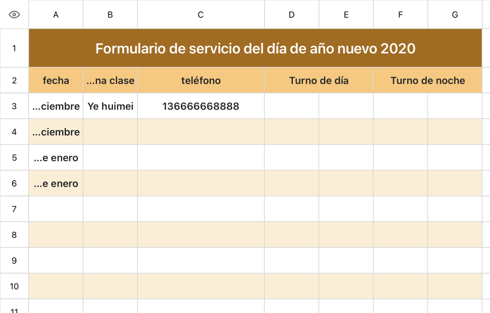 Formulario de servicio de año nuevo
